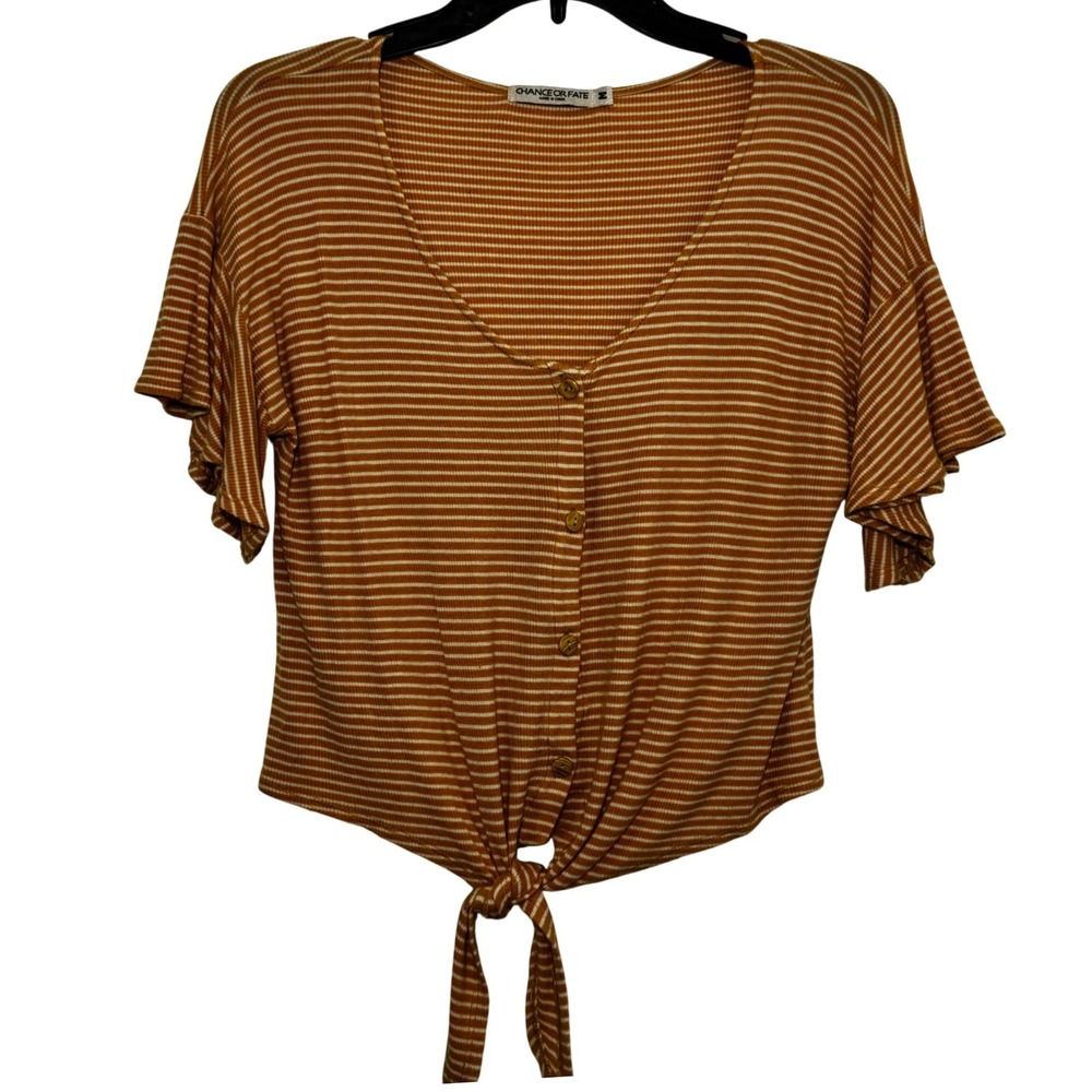 Chance Or Fate Mustard Yellow Striped Tie Front Button Down Flutter Sleeve Top M